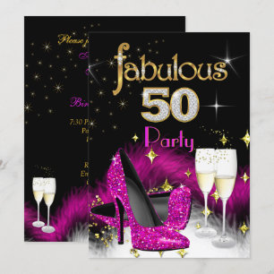 Fantastiskt 50-årsfest Glitter Het Rosa Champagne Inbjudningar