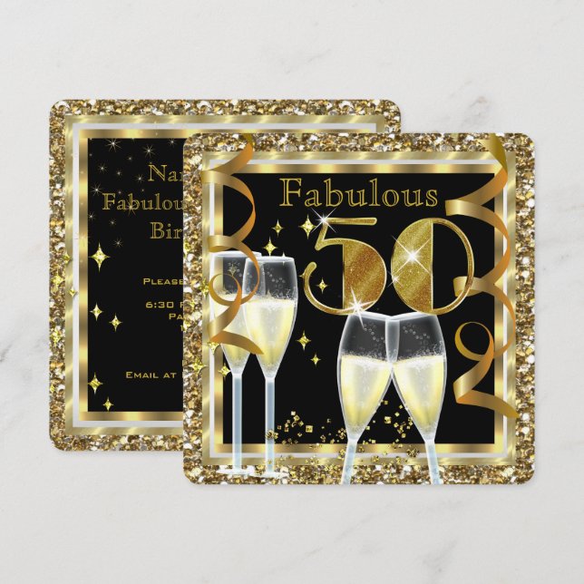Fantastiskt 50-champagne vit guld födelsedagsfest inbjudningar (Fram/baksida)