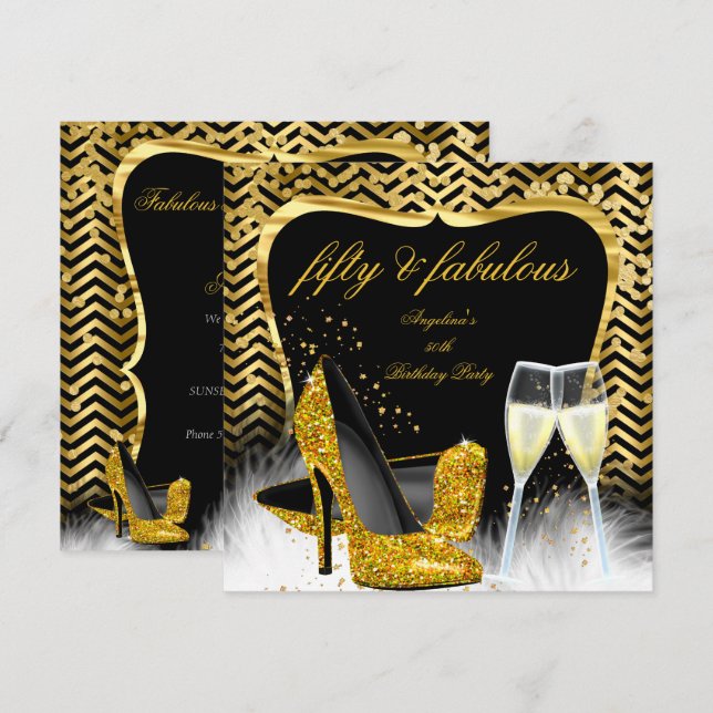 Fantastiskt 50-fest Black Gold Chevron Champagne Inbjudningar (Fram/baksida)