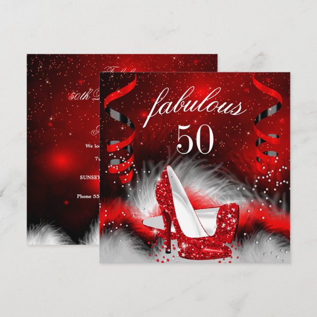 Fantastiskt 50-rött högklackat födelsedagsfirande inbjudningar (Fram/baksida)