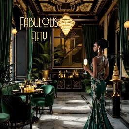 Fantastiskt Art Deco-rum Etnisk kvinna Grön Guld Inbjudningar