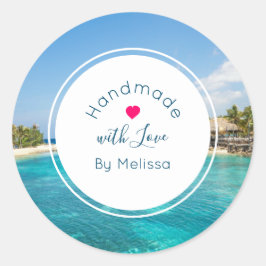 Fantastiskt blå Tropical Beach Handmade med Kärlek Runt Klistermärke