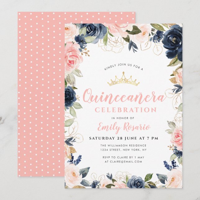 Fantastiskt blått och rosa  quinceañera inbjudningar (Fram/baksida)