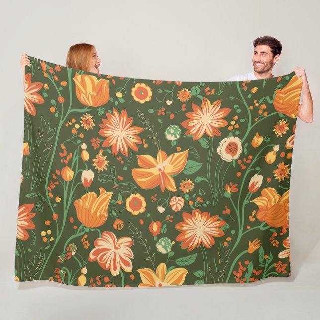 Fantastiskt Blommönster med Orange- och Gult-blomm Fleecefilt (På plats)