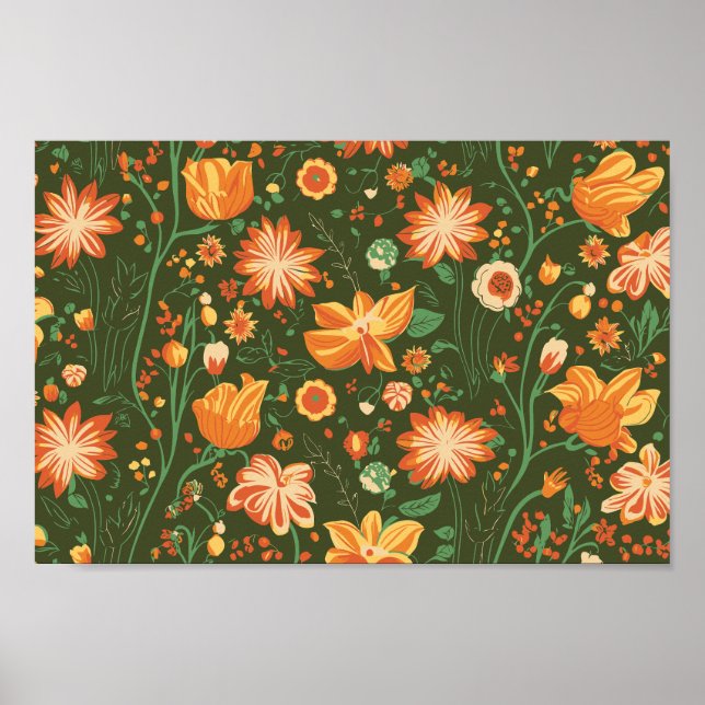 Fantastiskt Blommönster med Orange- och Gult-blomm Poster (Framsidan)