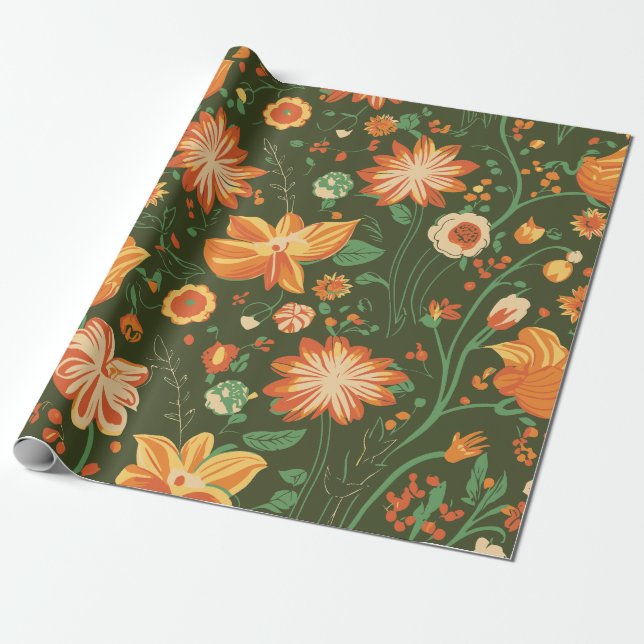 Fantastiskt Blommönster med Orange- och Gult-blomm Presentpapper (Utrullad)