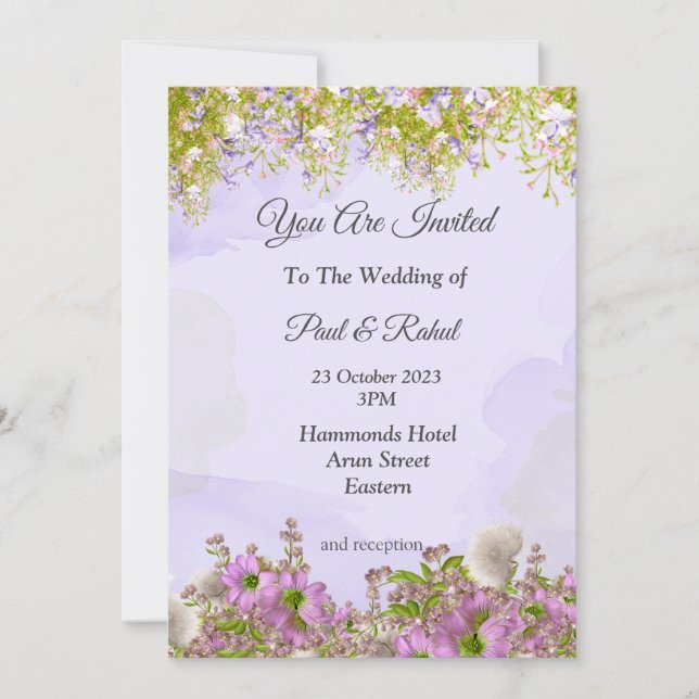 Fantastiskt bröllopsinbjudan, vackra lila blommor inbjudningar (Framsida)