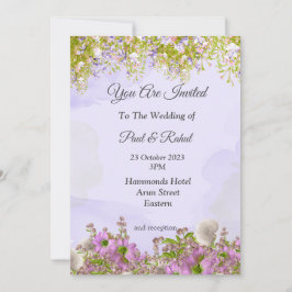 Fantastiskt bröllopsinbjudan, vackra lila blommor inbjudningar