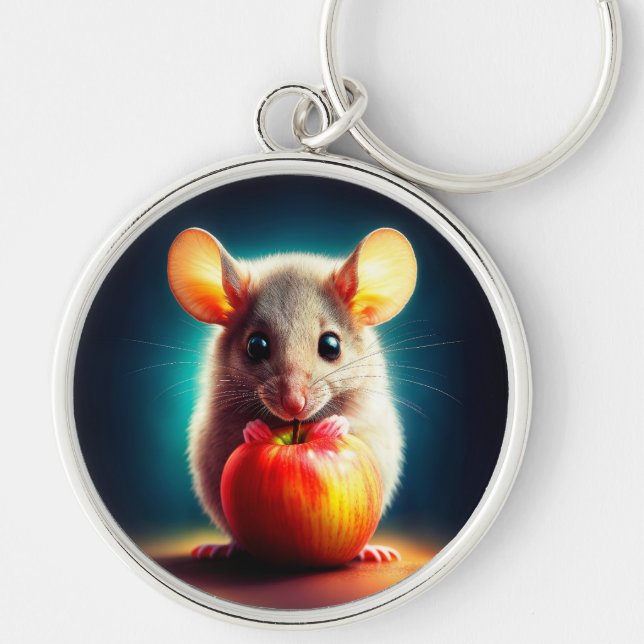 Fantastiskt hårig rödäppelfoder för djur rund silverfärgad nyckelring (Framsidan)