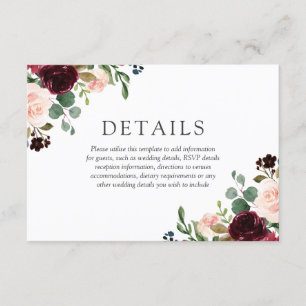 Fantastiskt och burgundära blommor Elegant bröllo Tilläggskort