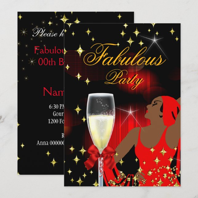 Fantastiskt Röd Glitter Diva Födelsedagsfest 2 Inbjudningar (Fram/baksida)