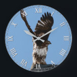 Fantastiskt rödtegelshöksfåglar om Be Stor Klocka<br><div class="desc">Den här klockan innehåller ett foto av vildlevande fantastisk av en rödskräddarsydd hök som går på toppen av ett tak med vinge som lyfts högt ovanför huvudet och förbereder sig för att lyfta. Underbar för en fågel- eller våldtäktsentusiast.</div>