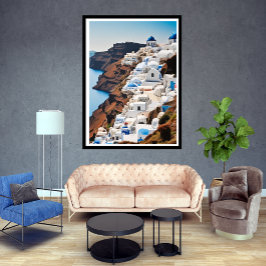 Fantastiskt Santorini-blått havslandskap Poster
