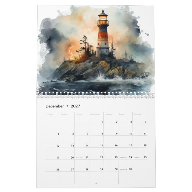 Fantastiskt vattenfärgsfyr 12-månaderskalender kalender (Dec 2027)