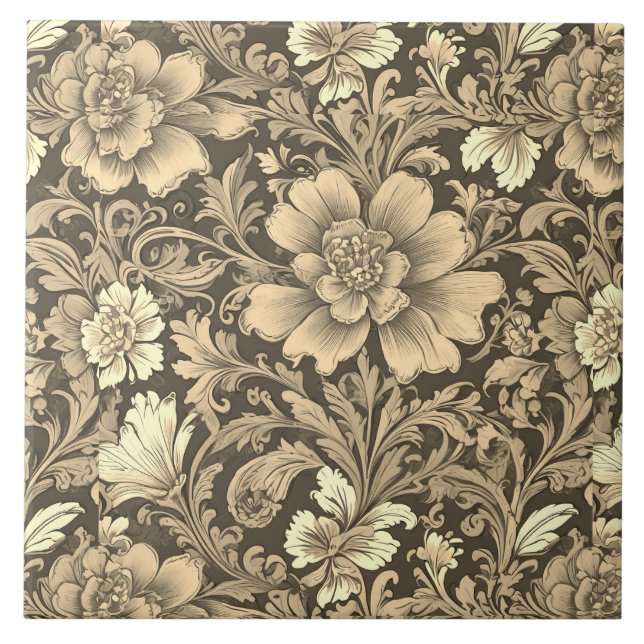 Fantastiskt Vintage Sepia Blommönster  Kakelplatta (Framsidan)