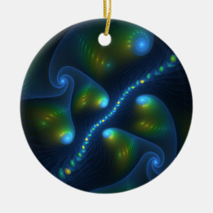 Fantasy Abstrakt Blue Grönt Gult Fractal Art Julgransprydnad Keramik