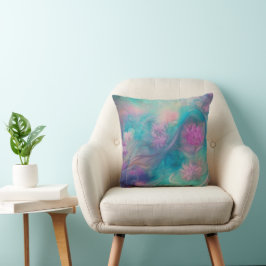 Fantasy Abstrakt Flowers in Rosa and Aqua Wave Kudde