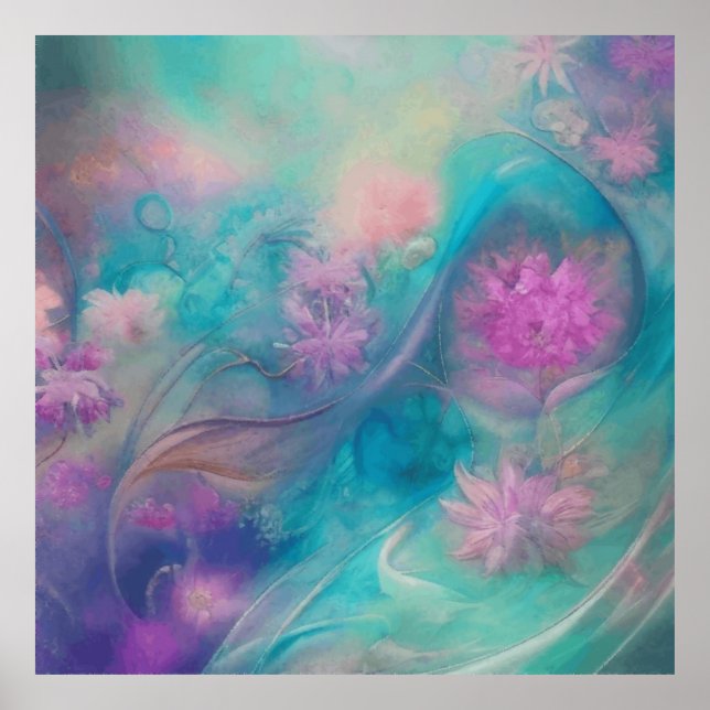 Fantasy Abstrakt Flowers in Rosa and Aqua Wave Poster (Framsidan)