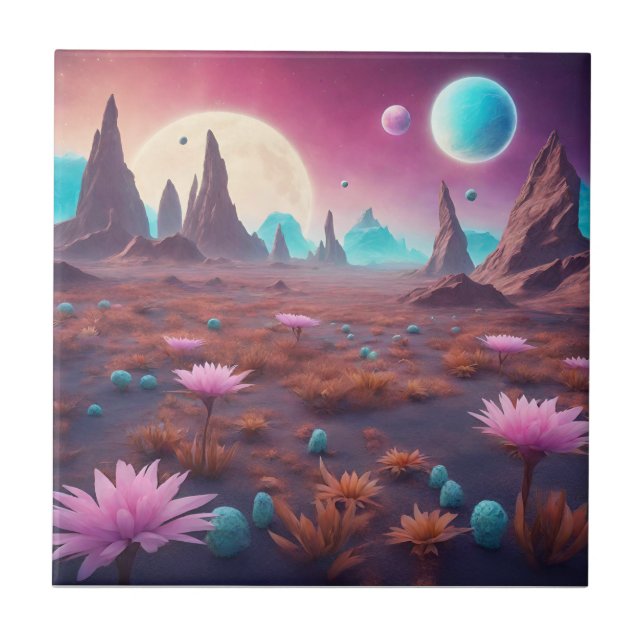 Fantasy Alien Planet Ligcape med blommor Kakelplatta (Framsidan)