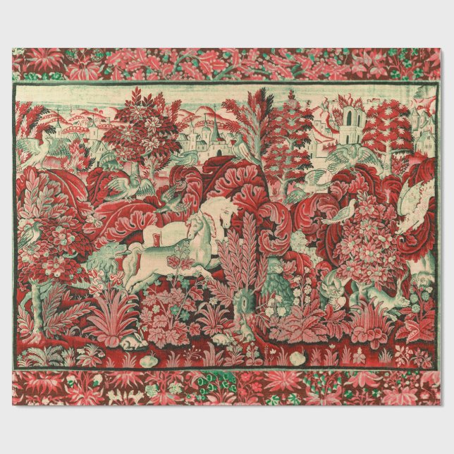 FANTASY ANIMALS,HORSES,WOODLAND Red Grönt Blommigt Presentpapper (Platt)