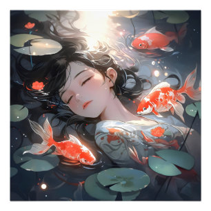 Fantasy Anime Girl and Carps Fototryck