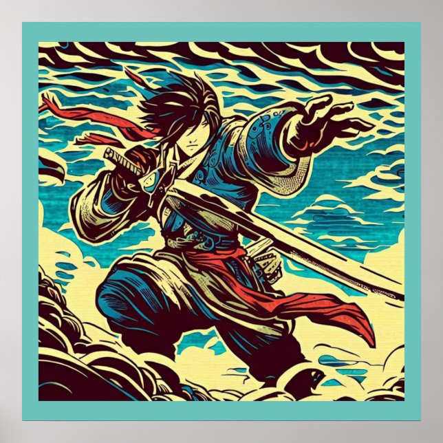 Fantasy Anime Hero 1 - Japanskt träsnitt Poster (Framsidan)