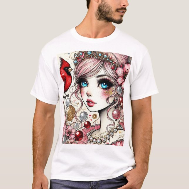 Fantasy Anime Manga Girl Rin Kärlek Hennes Bird Ts T Shirt (Framsida)