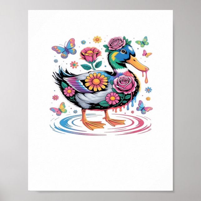 Fantasy Anka med Flowers och Butterflies Poster (Framsidan)