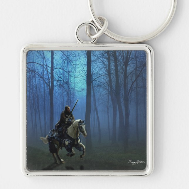 Fantasy Art Blue Knight på Horseback i Moonlight Fyrkantig Silverfärgad Nyckelring (Framsidan)