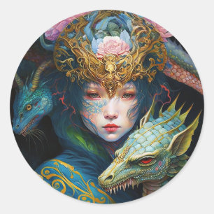 Fantasy Art Dragon Goddes Queen Classic Round Sti Runt Klistermärke