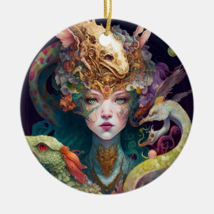 Fantasy Art Dragon Goddess Queen Julgransprydnad Keramik