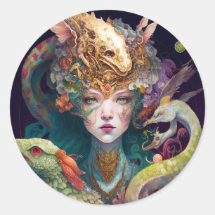 Fantasy Art Dragon Goddess Queen Runt Klistermärke