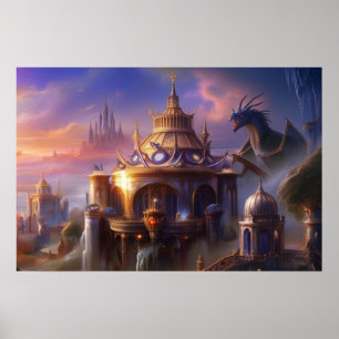 Fantasy Art Fairytale Castles Mystical Dragon Poster