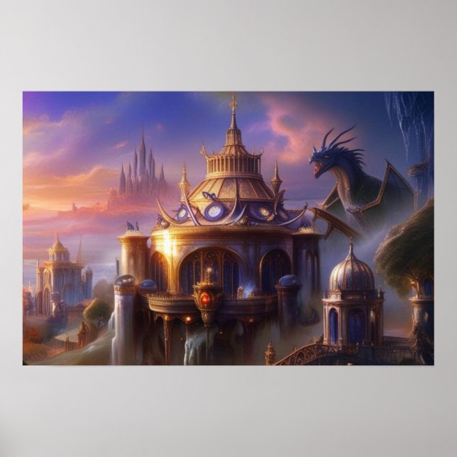 Fantasy Art Fairytale Castles Mystical Dragon Poster (Framsidan)