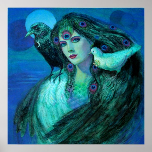 Fantasy Art Poster Fågelfåglarnas kråka Peacock Fe (Framsidan)