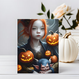 Fantasy Art Ung Demon och Husdjur Halloween Postko Vykort