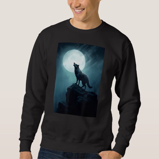 Fantasy Artwork Howling Varg Forest Art Måne Lång Ärmad Tröja (Framsida)