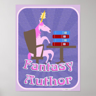 Fantasy Author Unicorn Tecknad Writing Motto Poster