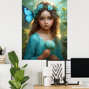 Fantasy Bevackan Cyan Grönt Fairy Girl Poster