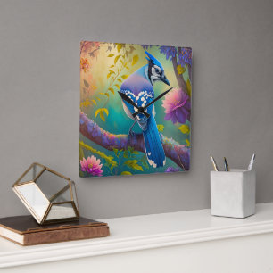 Fantasy Birds Blue Jay Fyrkantig Klocka