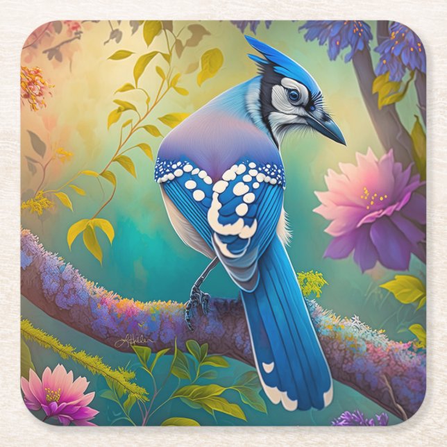 Fantasy Birds Blue Jay Underlägg Papper Kvadrat (Framsidan)