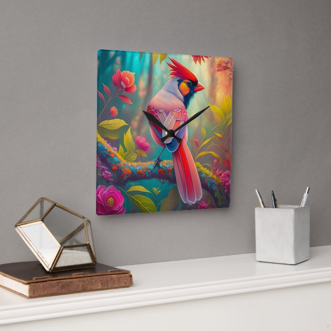 Fantasy Birds Male Cardinal Fyrkantig Klocka (Kontor)