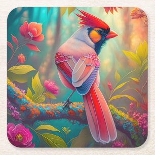 Fantasy Birds Male Cardinal Underlägg Papper Kvadrat