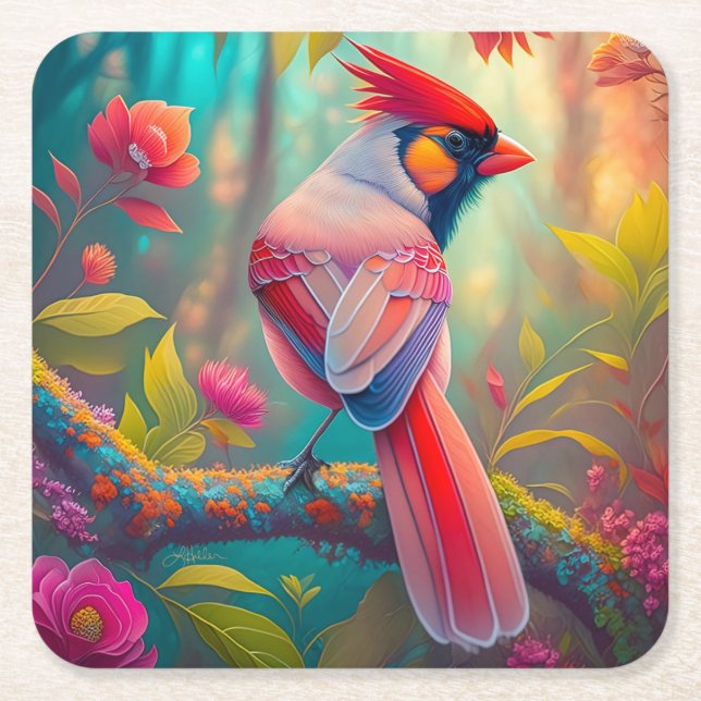 Fantasy Birds Male Cardinal Underlägg Papper Kvadrat (Framsidan)
