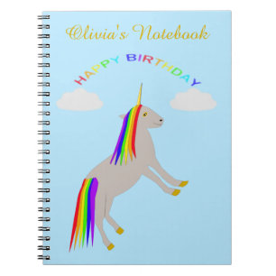 Fantasy Birthday Unicorn Rainbow and Clouds Anpass Anteckningsbok