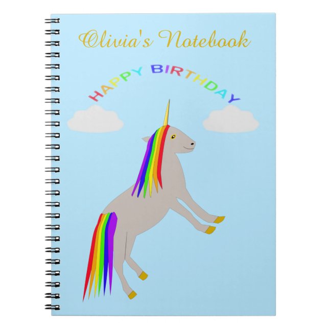 Fantasy Birthday Unicorn Rainbow and Clouds Anpass Anteckningsbok (Framsidan)