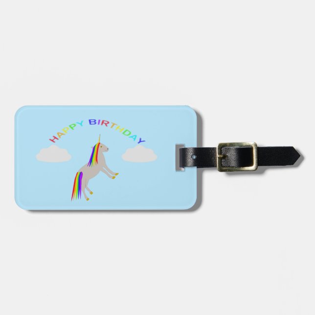 Fantasy Birthday Unicorn Rainbow and Clouds Anpass Bagagebricka (Horisontell Framsida)