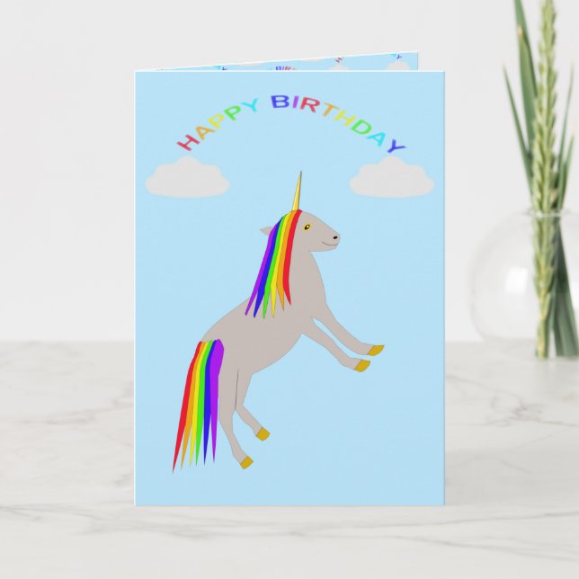 Fantasy Birthday Unicorn Rainbow and Clouds Anpass Kort (Framsida)