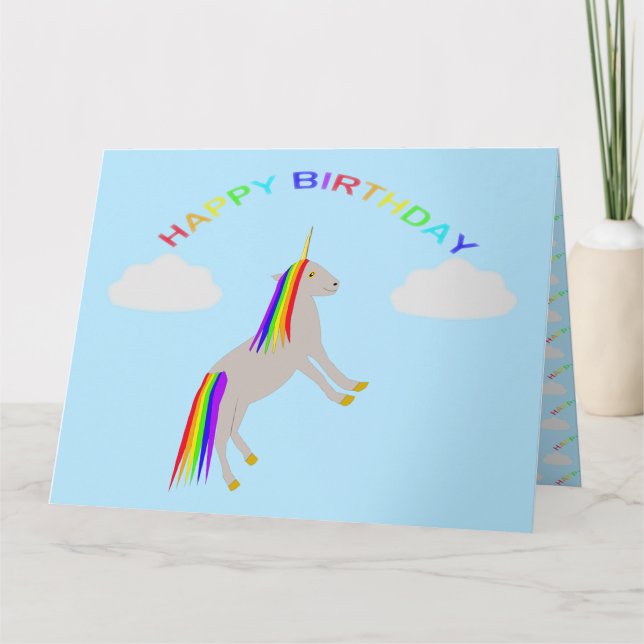 Fantasy Birthday Unicorn Rainbow and Clouds Anpass Kort (Framsida)