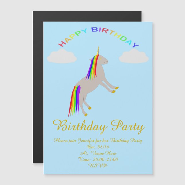 Fantasy Birthday Unicorn Rainbow and Clouds Anpass Magnetisk Inbjudningskort (Fram/baksida)